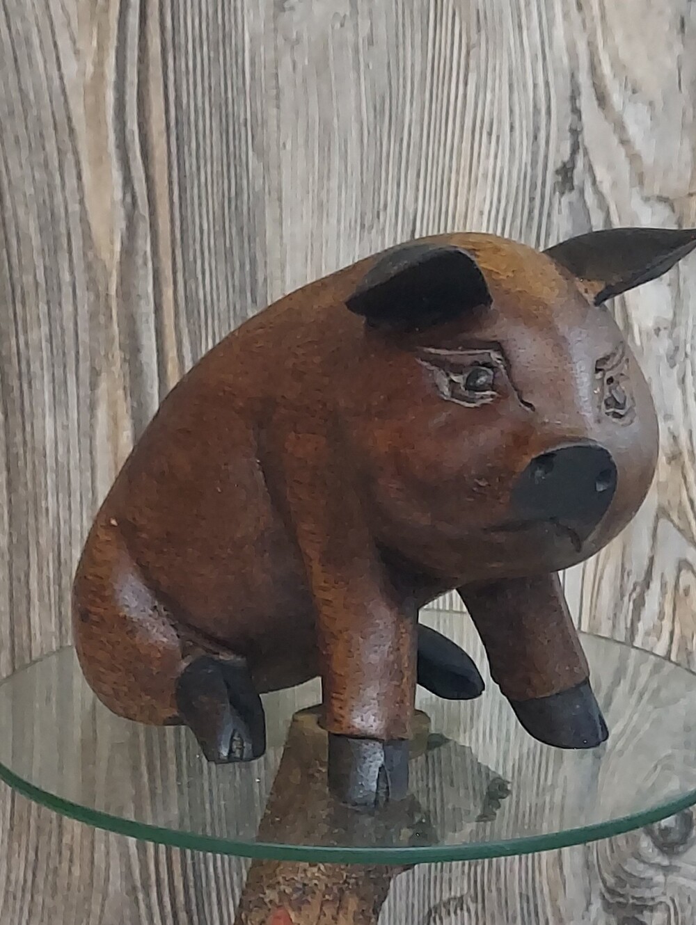Vintage Hand-Carved Wooden Pig Figurine Rustic Farmhouse Country Shelf Sitter